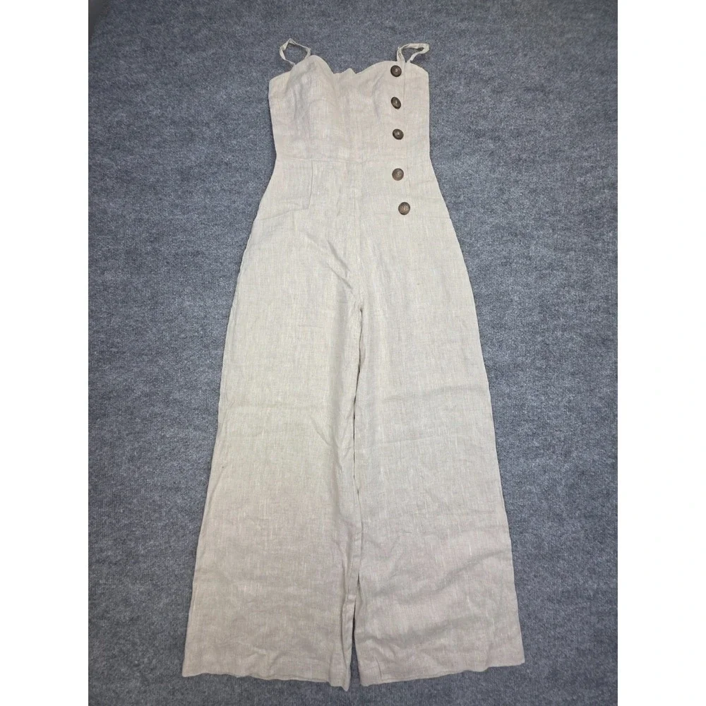 Reformation Linen Jumpsuit Women's 2 Beige Button Spaghetti Strap Wide Leg
